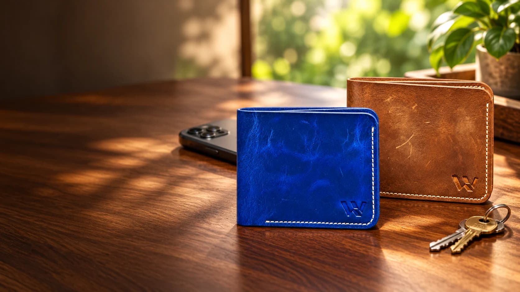Blue and tan Wrenza leather bifold wallets beside a smartphone and keys