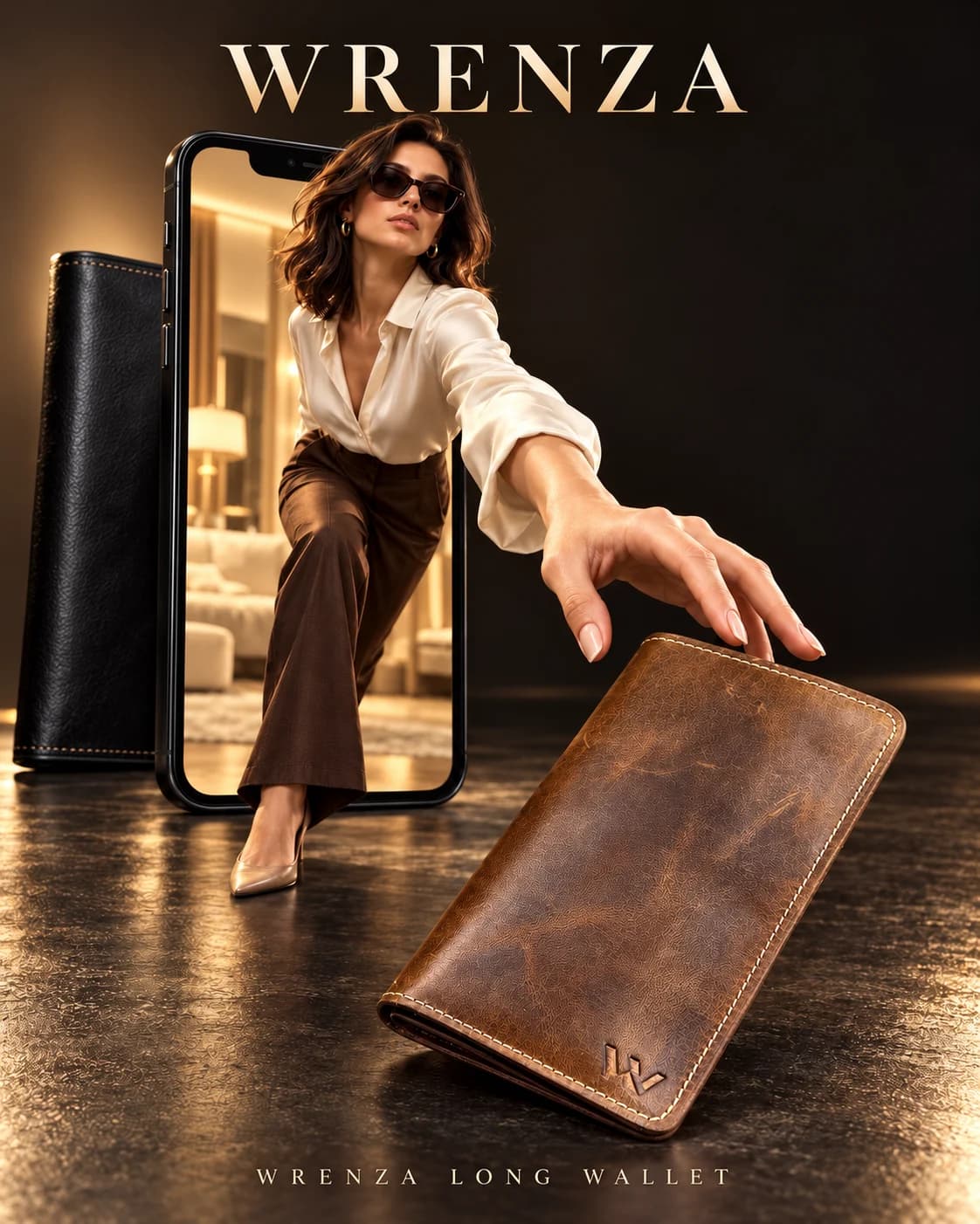 Wrenza brown leather long wallet in a premium lifestyle scene