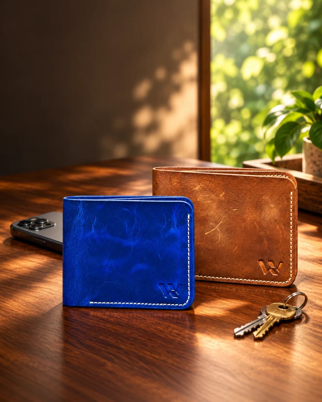 Blue and tan Wrenza leather bifold wallets beside a smartphone and keys