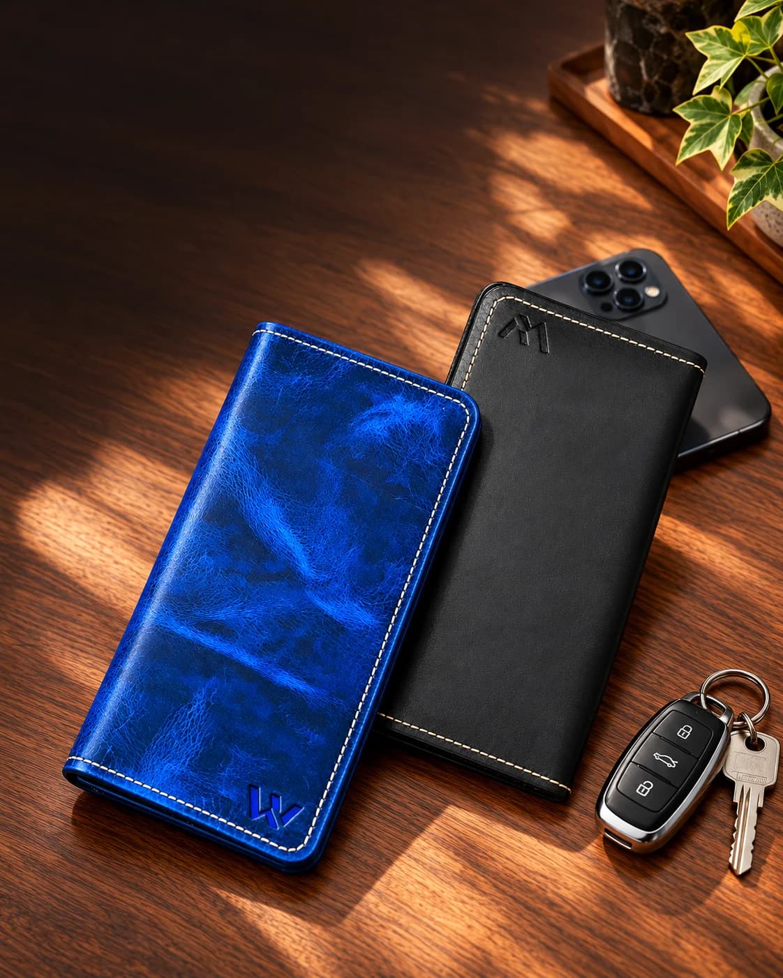 Blue and black Wrenza leather long wallets beside a smartphone and car keys