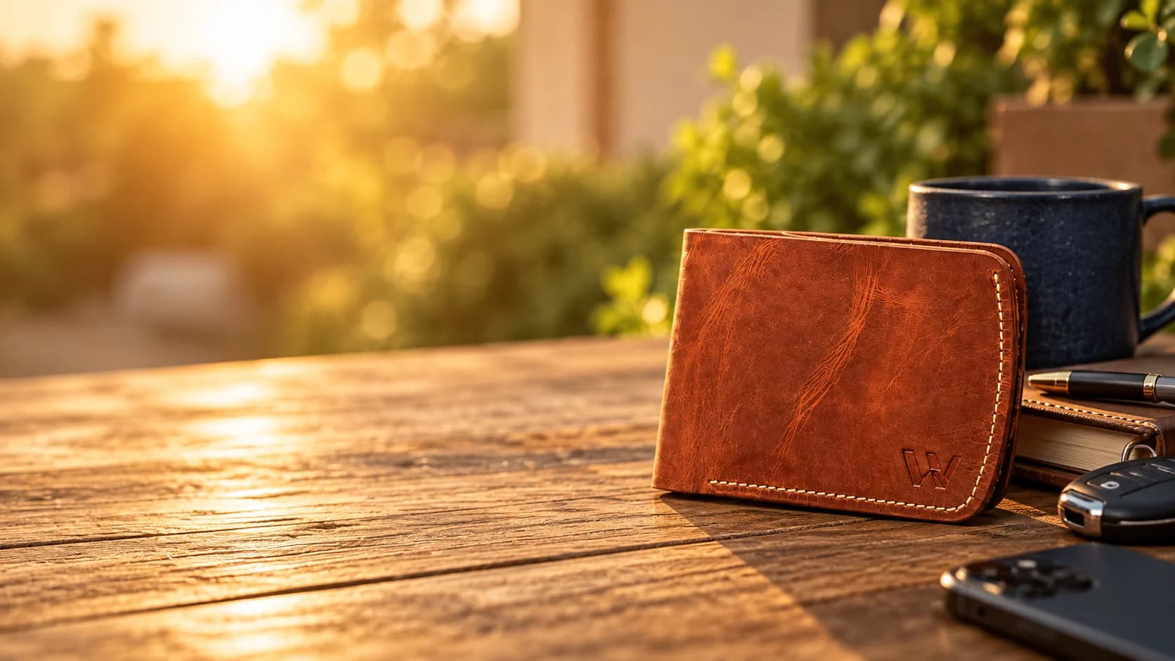 Tan Wrenza leather bifold wallet beside a phone, pen, notebook, mug, and car keys