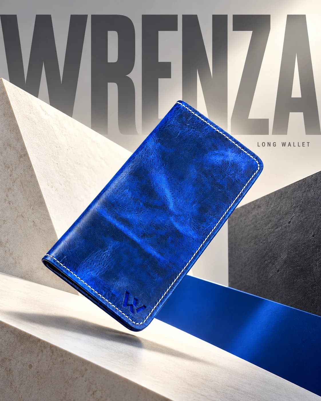 Blue Wrenza leather long wallet in a modern architectural setting